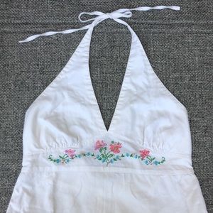 Roxy white halter dress with cross-stitched flowers